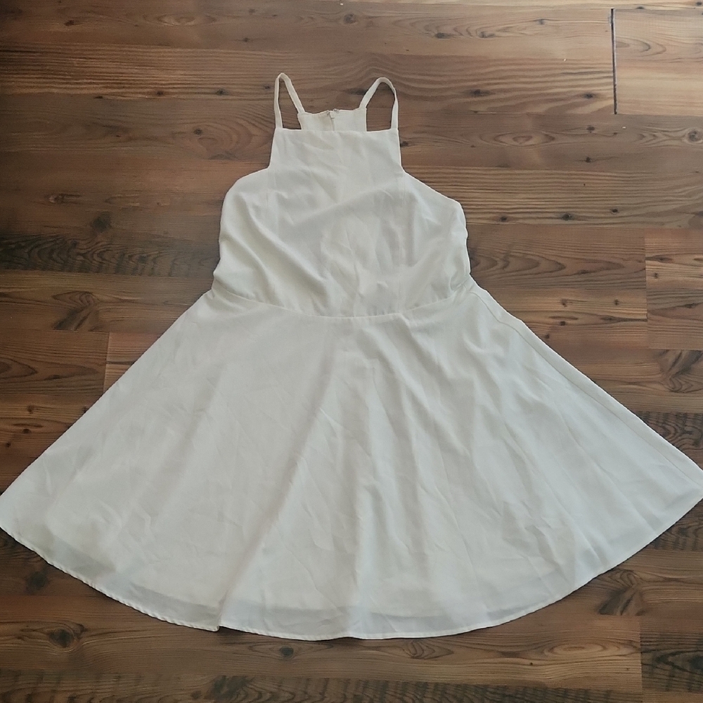 White High Neck T Back Fit Flare Cocktail Bridal Whimsy Coastal Springy‎ Dress L